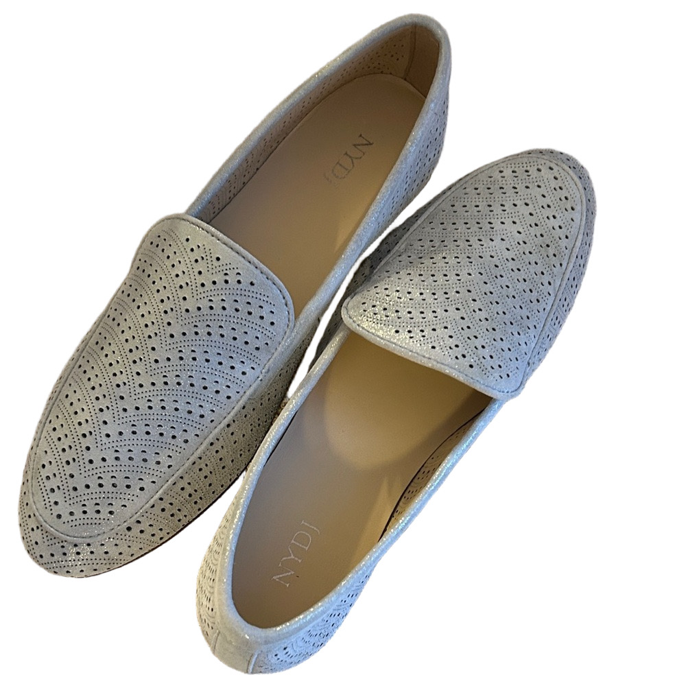 NYDJ Light Gray/Metallic suede feather Perforated Loafers size 7 New